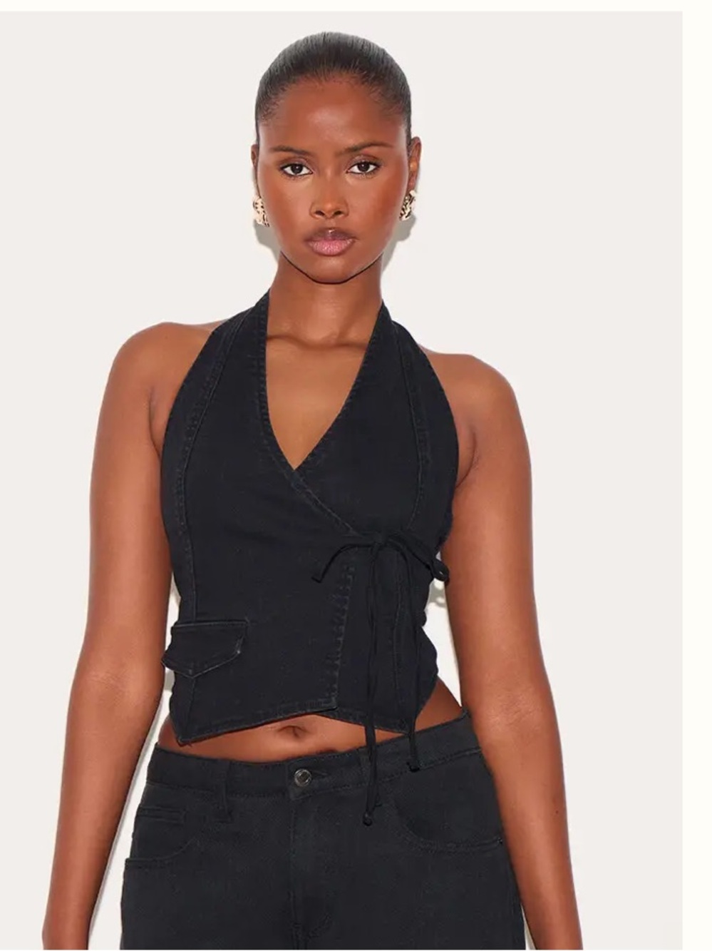PrettyLittleThing Black Wrap Halter Crop Top